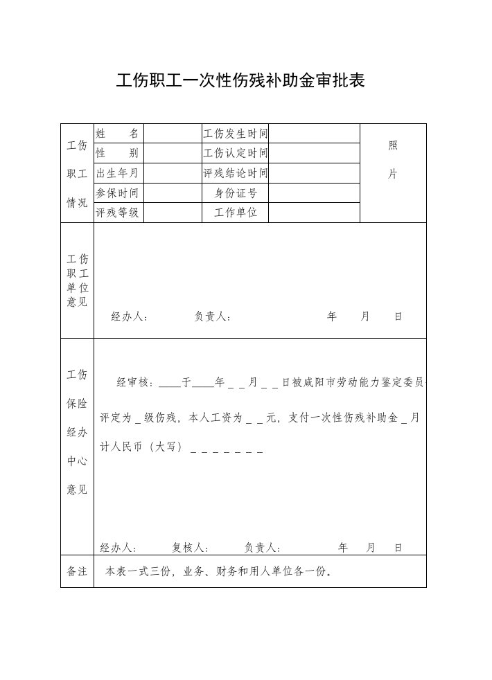 工伤职工一次性伤残补助金审批表