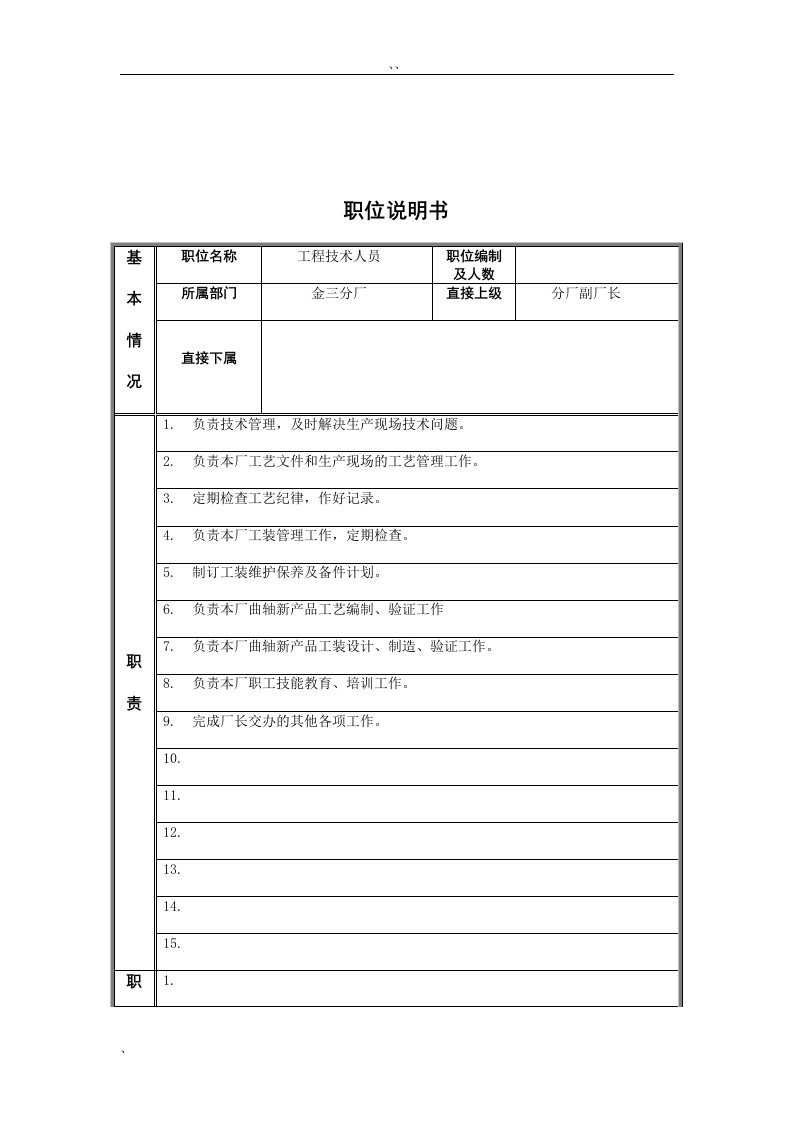 工程技术人员岗位说明书