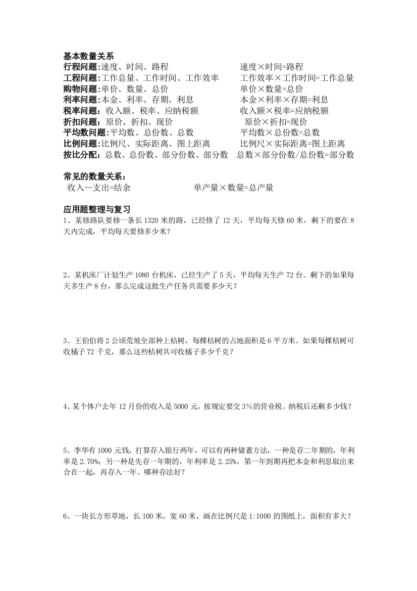 六年级数学总复习解决问题练习