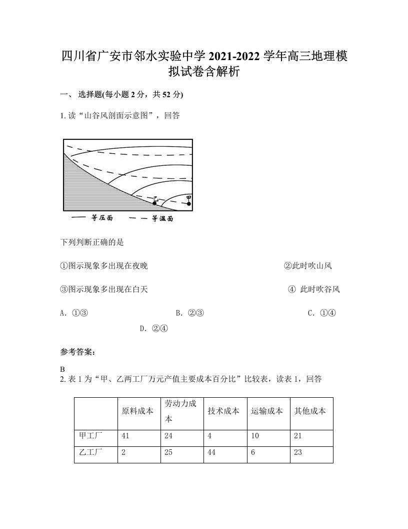 四川省广安市邻水实验中学2021-2022学年高三地理模拟试卷含解析