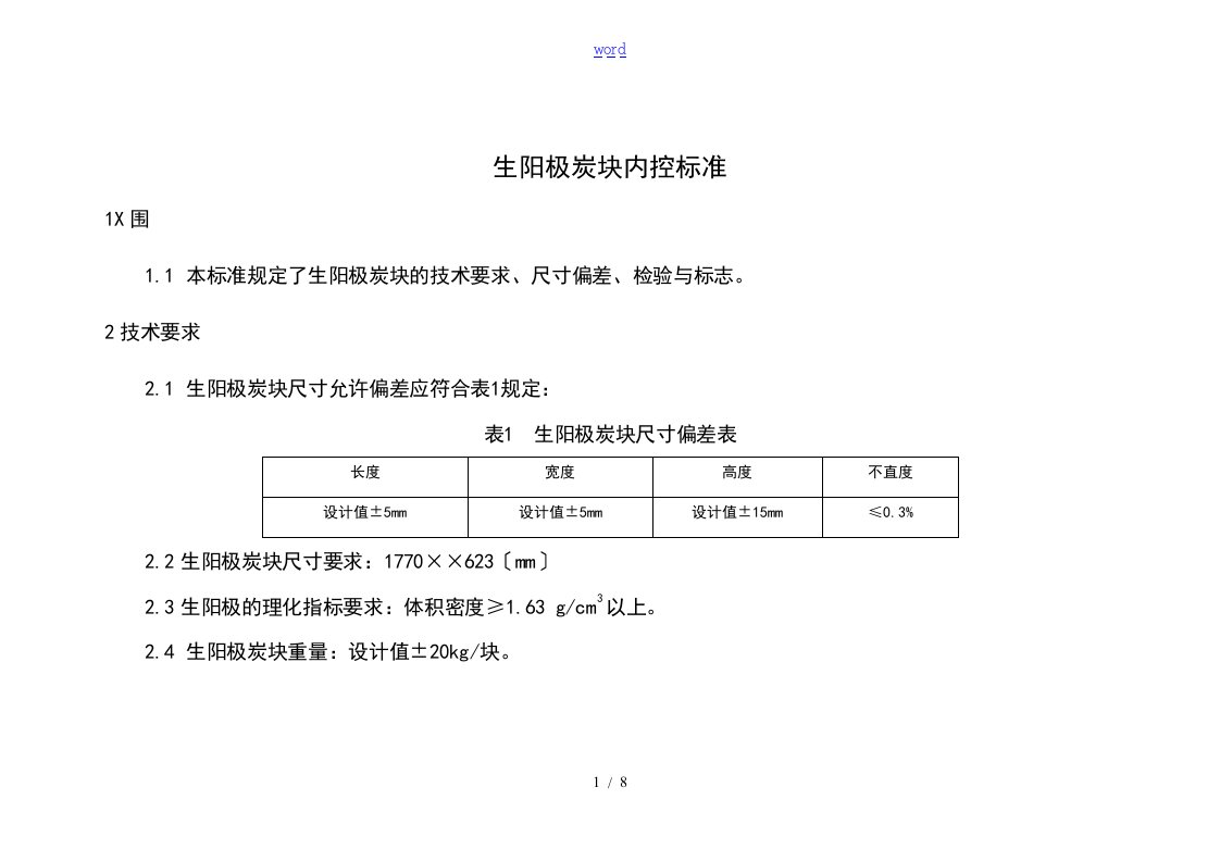 生阳极、预焙阳极炭块内控现行的标准2015.05.10