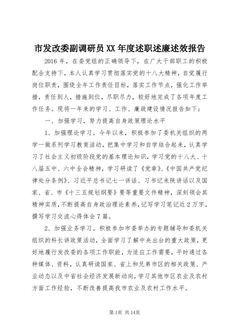 5市发改委副调研员某年度述职述廉述效报告