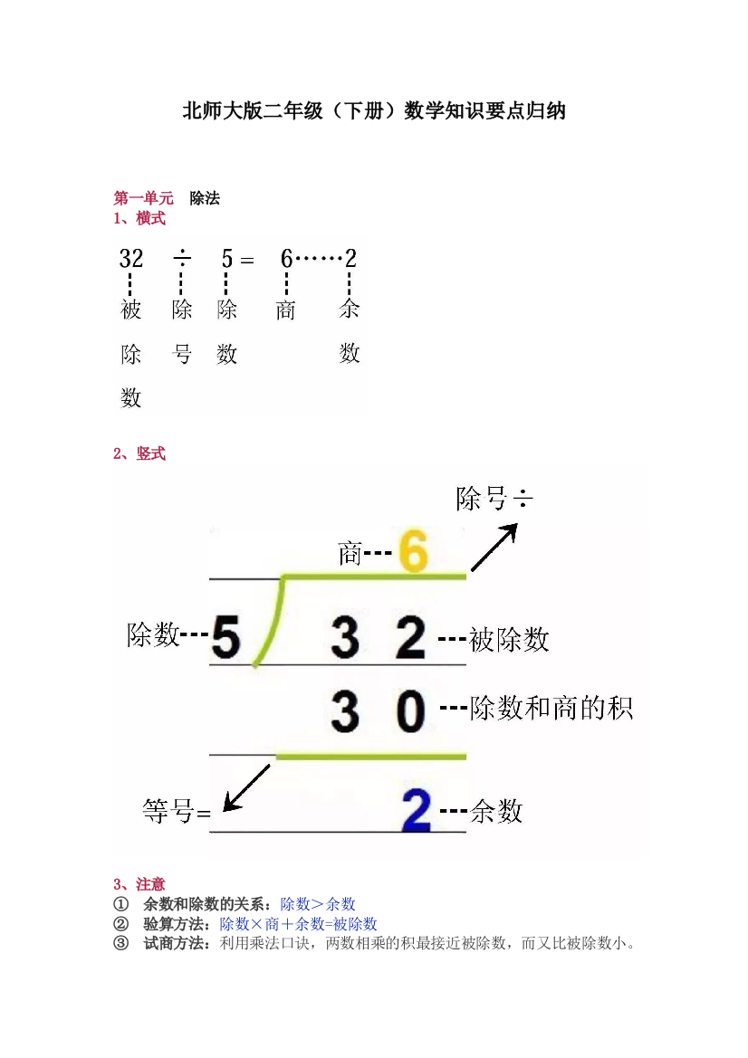 北师大版二年级（下册）数学知识要点归纳