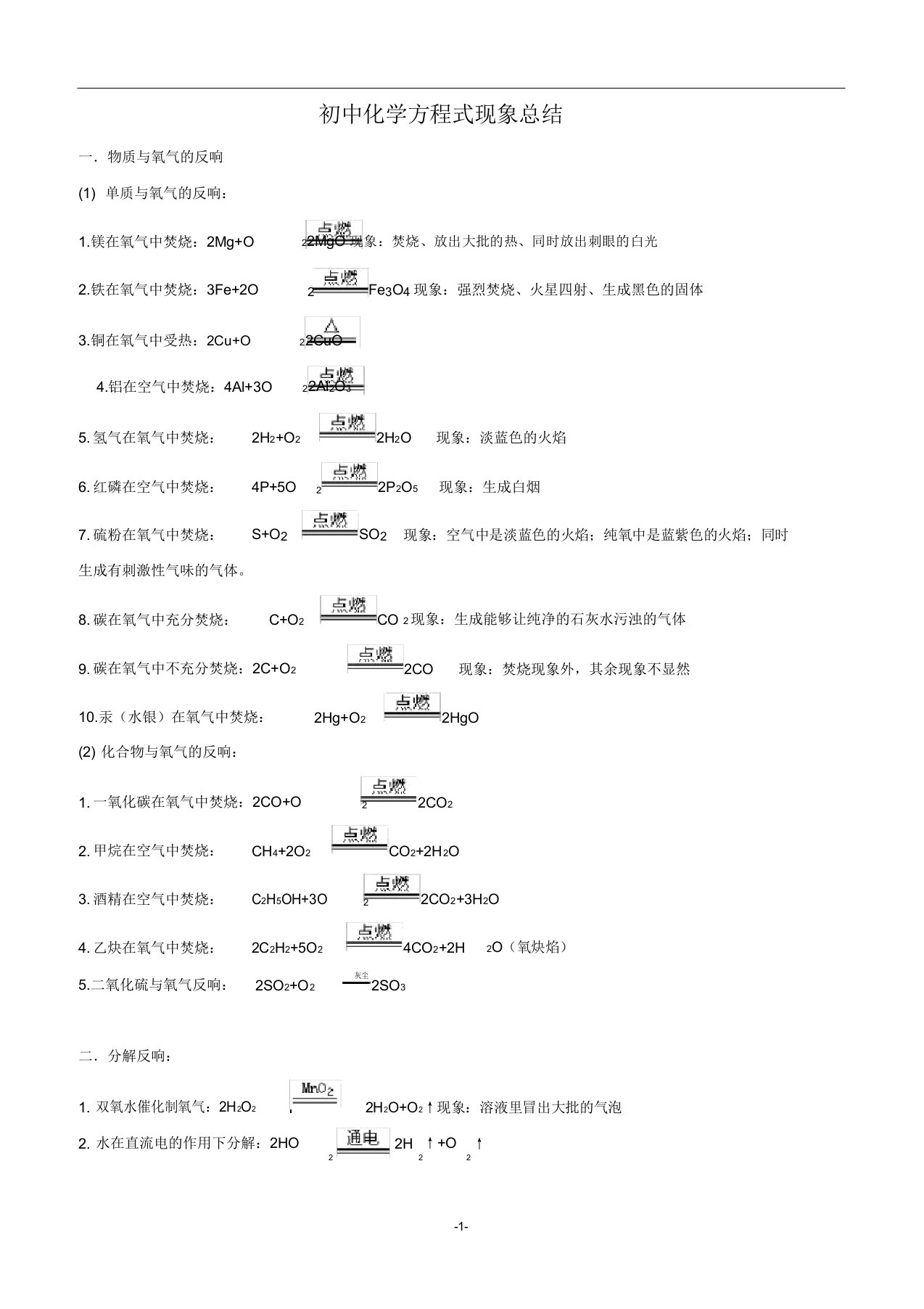 初中化学方程式大全现象总结模板