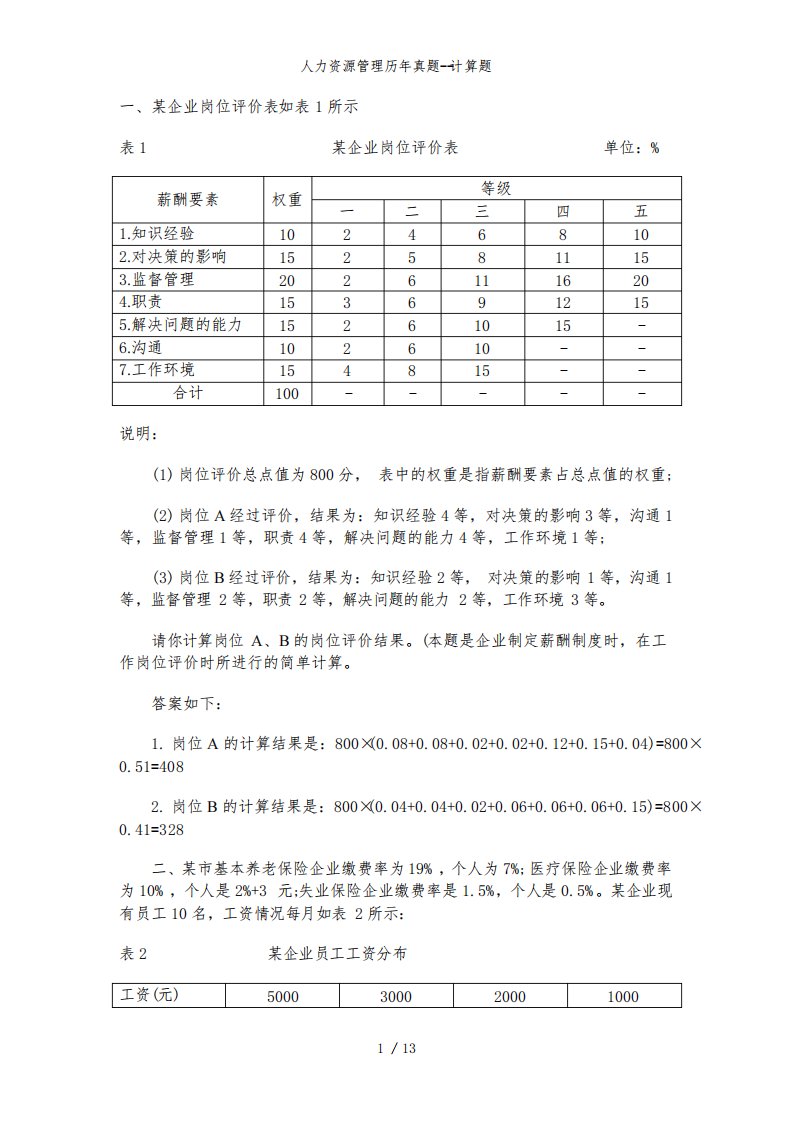 人力资源管理历年真题计算题