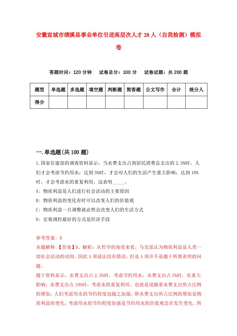 安徽宣城市绩溪县事业单位引进高层次人才28人自我检测模拟卷第1期