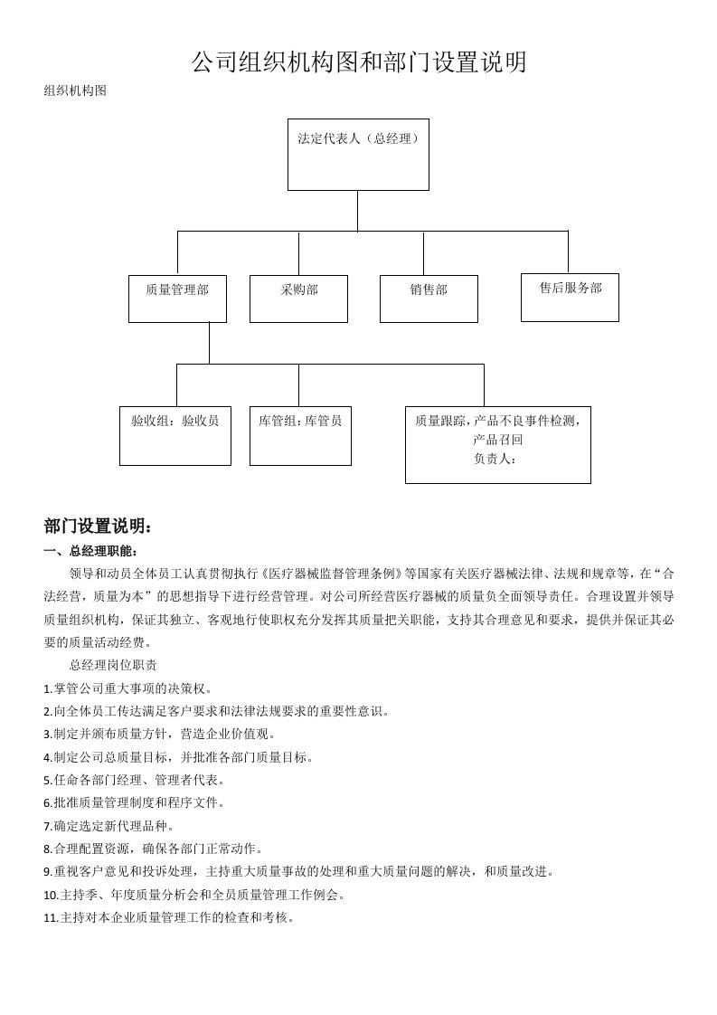 二类医疗器械备案组织机构图和部门设置说明