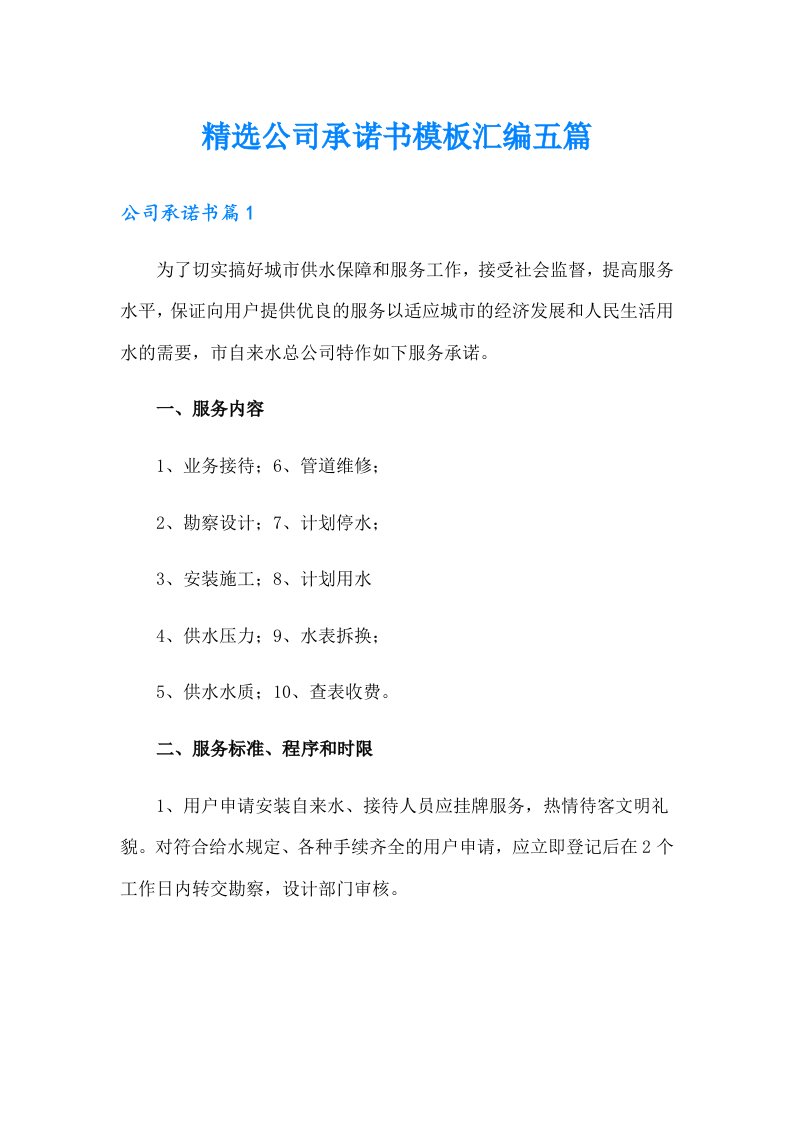 精选公司承诺书模板汇编五篇