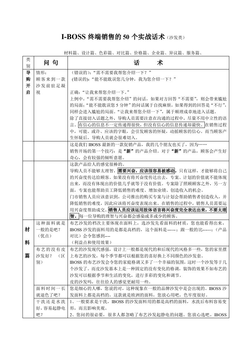 精选沙发家具销售终端50个实战讲解话术手册