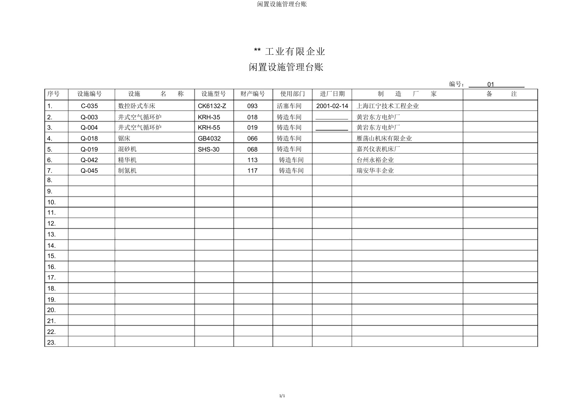 闲置设备管理台账