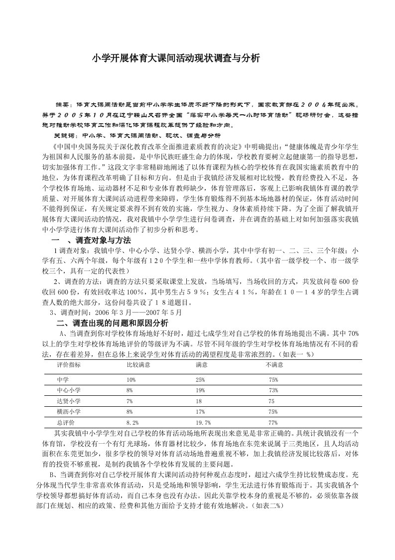 体育教学小学开展体育大课间活动现状调查与分析