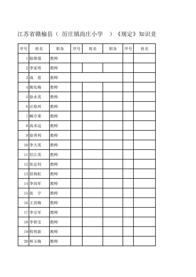 参赛名单汇总表