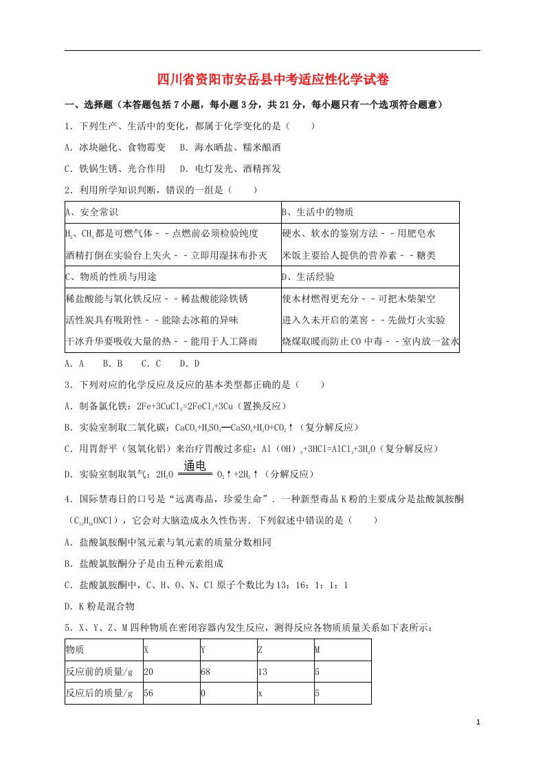 四川省资阳市安岳县中考化学适应性试题（含解析）