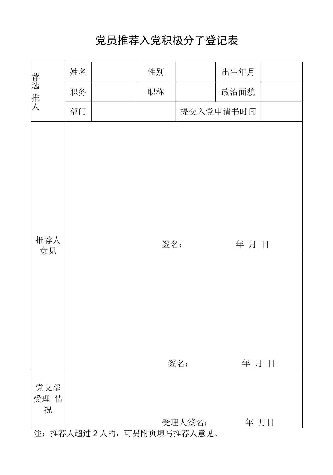 党员推荐入党积极分子登记表