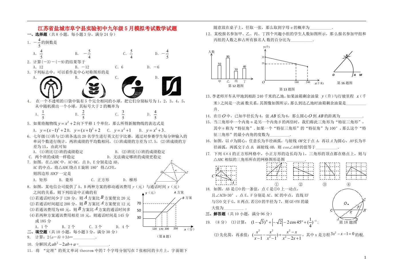 江苏省盐城市阜宁县实验初中九级数学5月模拟考试试题