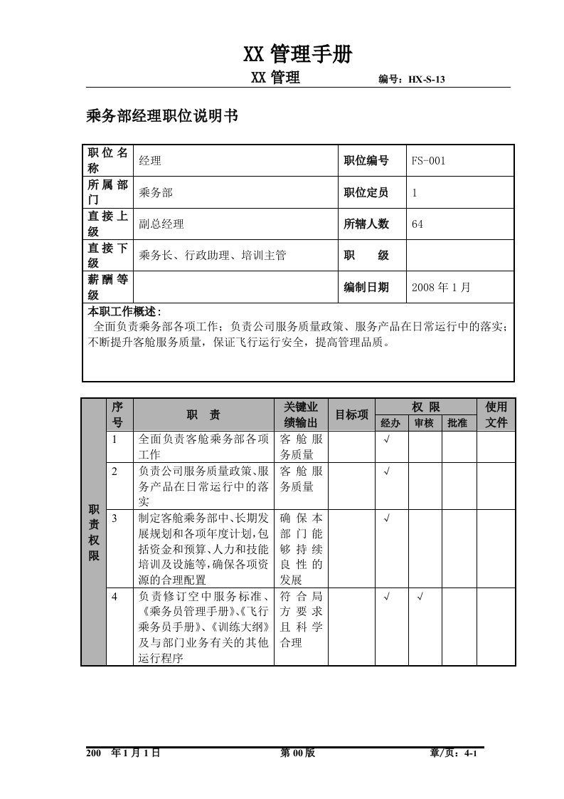 某航空物流公司乘务部经理职位说明书及关键绩效标准