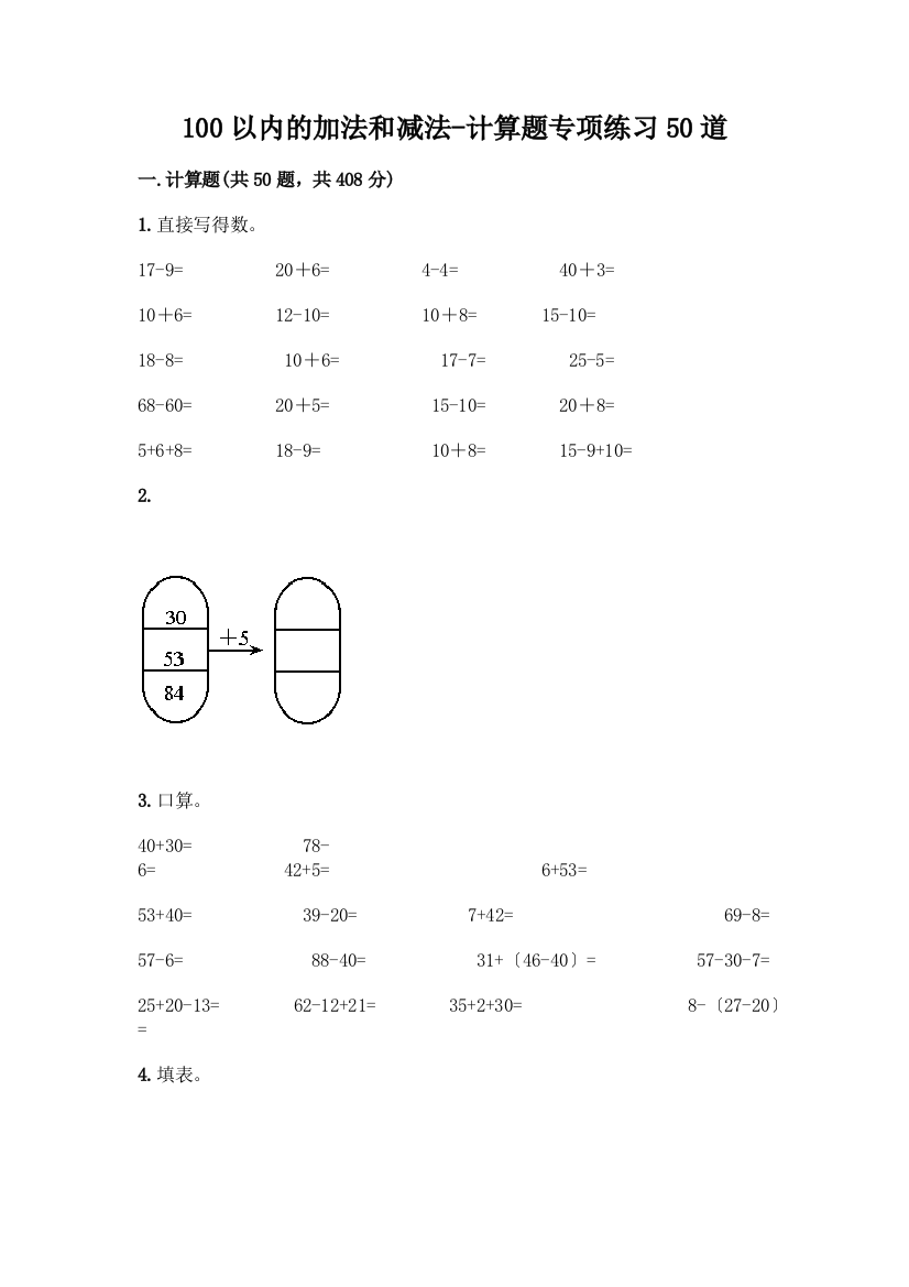 100以内的加法和减法-计算题专项练习50道附答案【预热题】