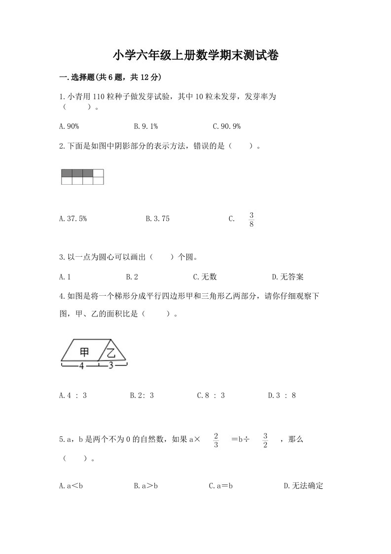 小学六年级上册数学期末测试卷（精选题）