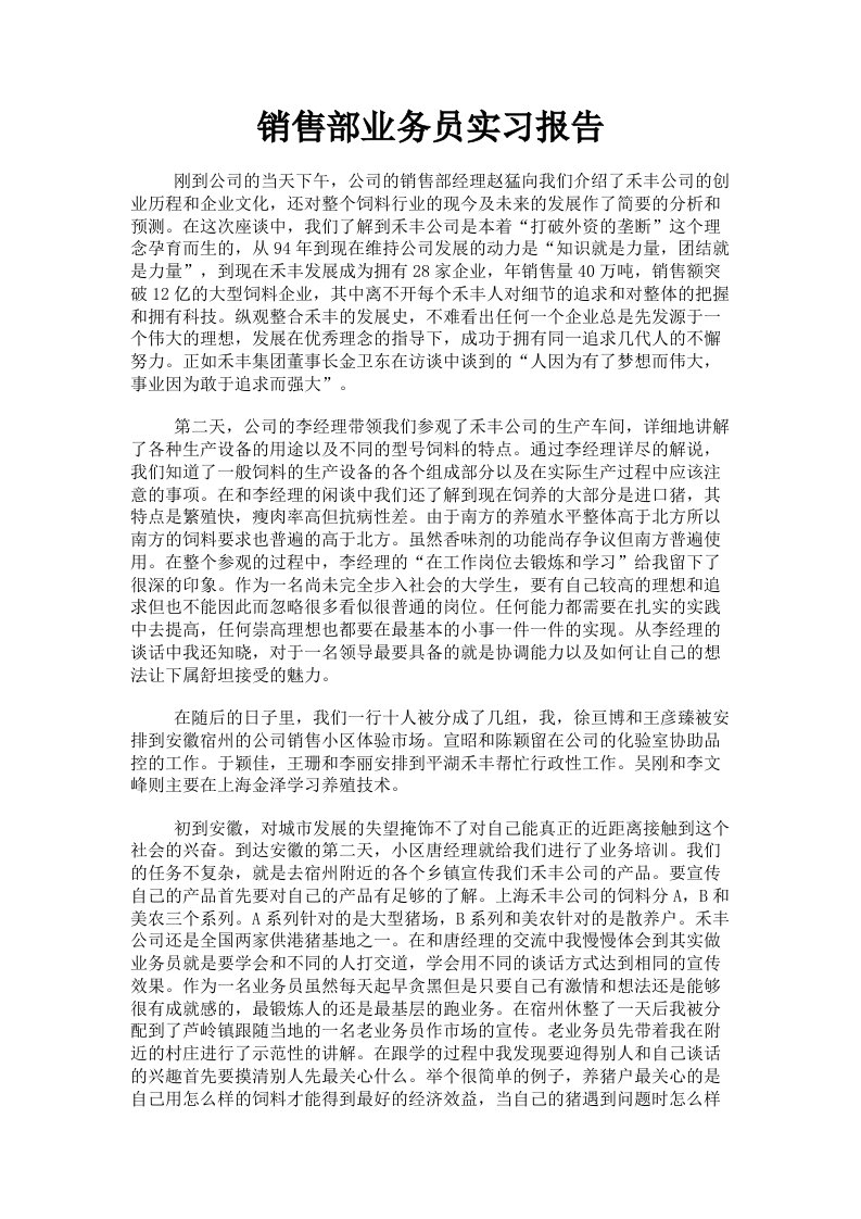 销售部业务员实习报告