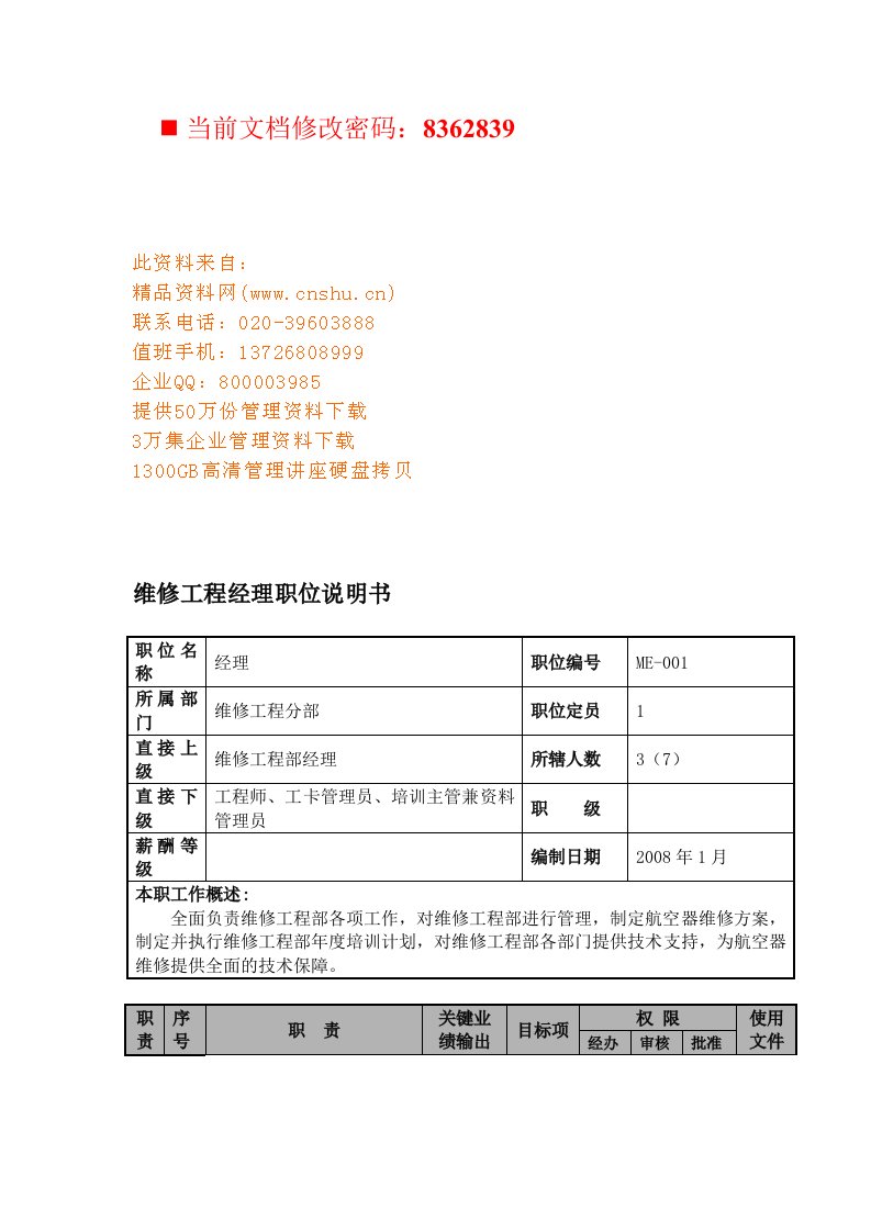 航空公司维修工程经理岗位说明