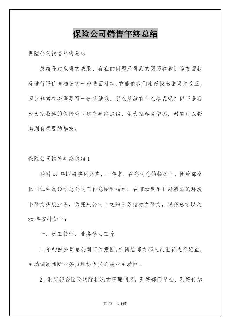 保险公司销售年终总结例文