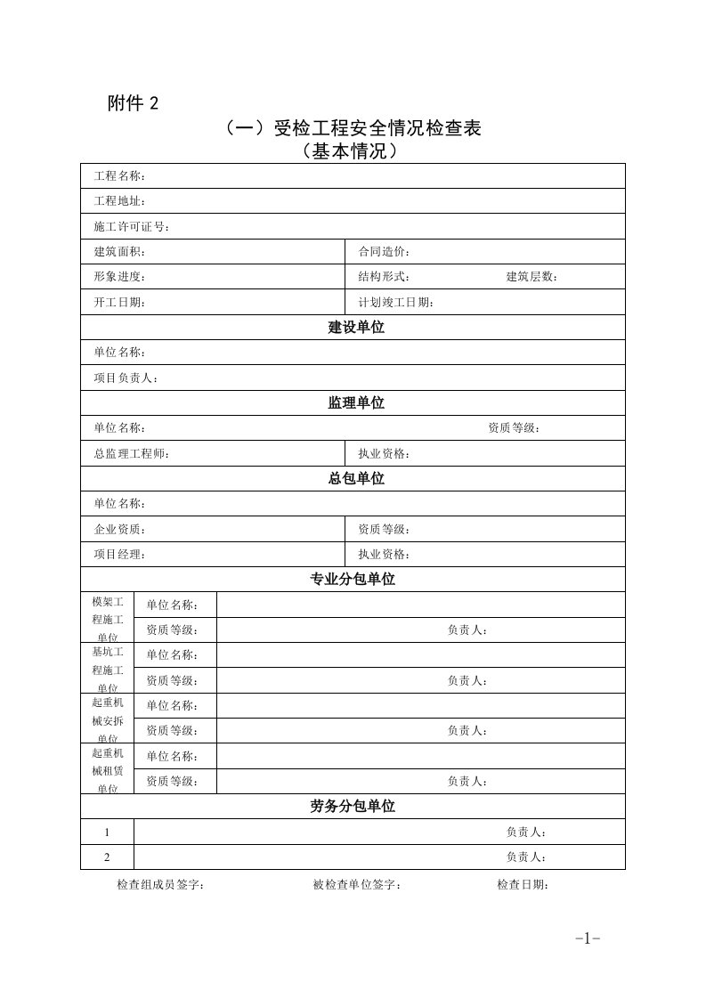 受检工程安全情况检查表