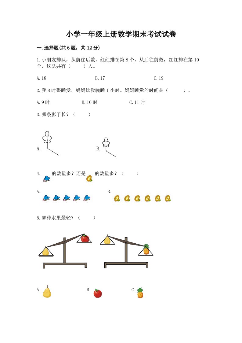 小学一年级上册数学期末考试试卷及答案【夺冠系列】