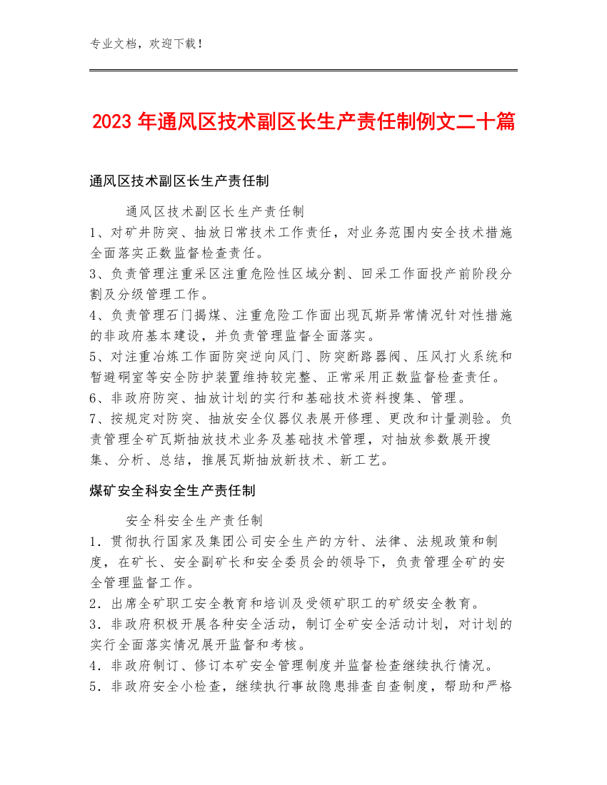 2023年通风区技术副区长生产责任制例文二十篇