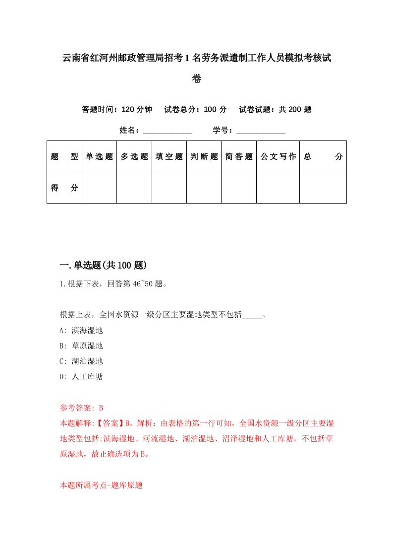 云南省红河州邮政管理局招考1名劳务派遣制工作人员模拟考核试卷8