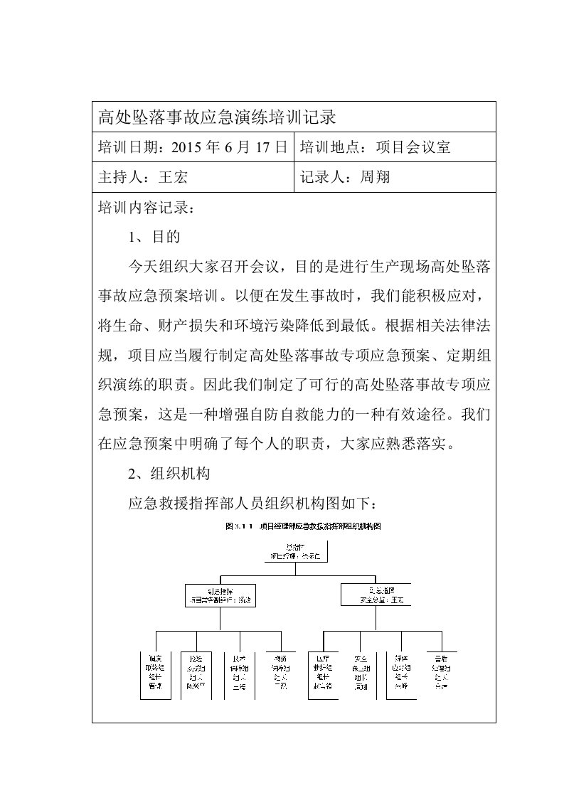 高处坠落应急预案培训记录