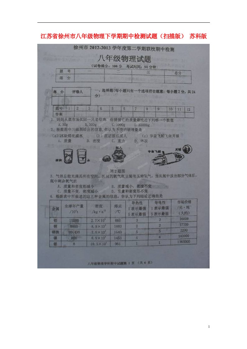 江苏省徐州市八级物理下学期期中检测试题（扫描版）