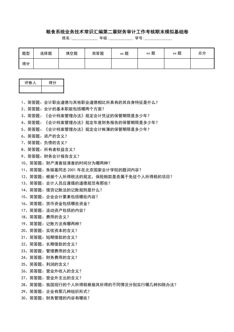 粮食系统业务技术常识汇编第二章财务审计工作考核期末模拟基础卷