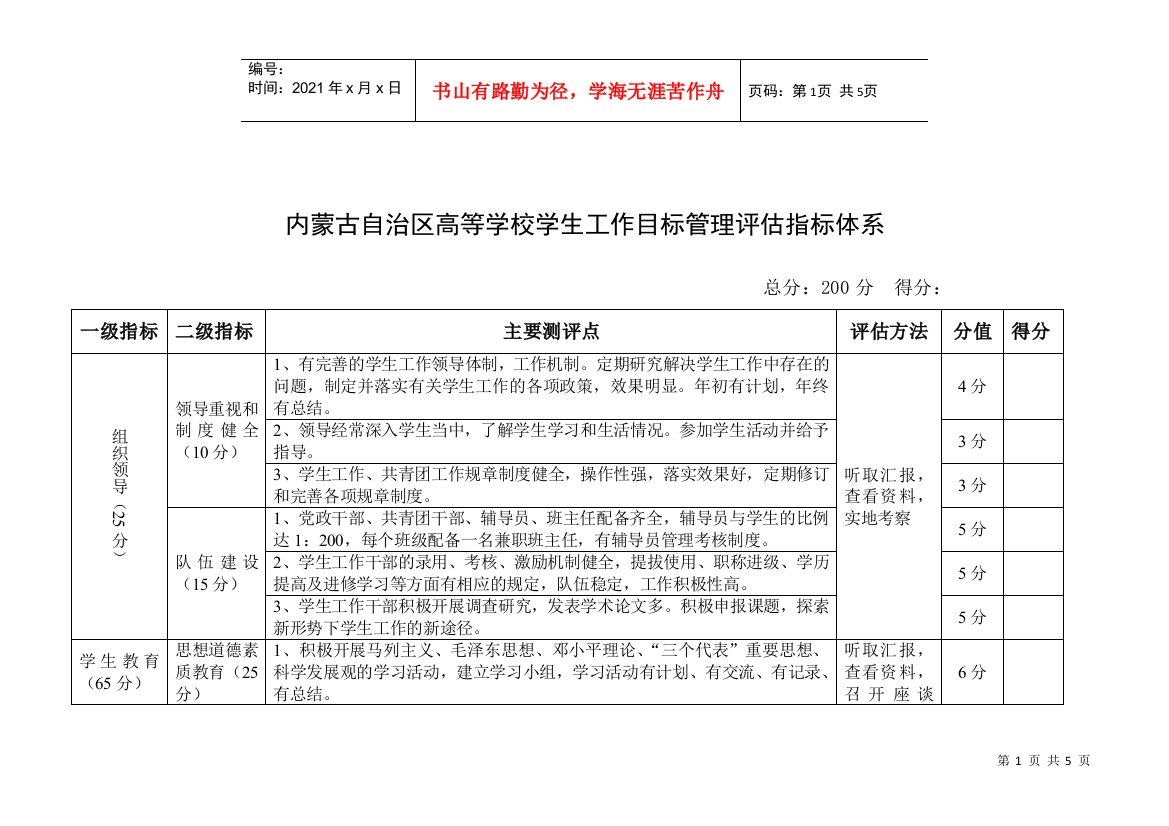 内蒙古自治区高等学校学生工作目标管理评估指标体系