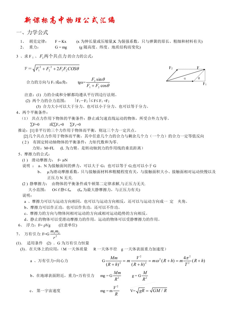 新课标高中物理公式大全(最新版)