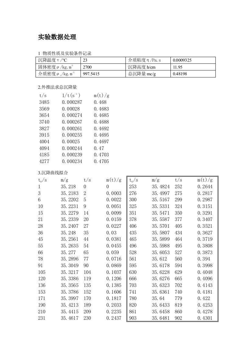 沉降分析实验数据处理