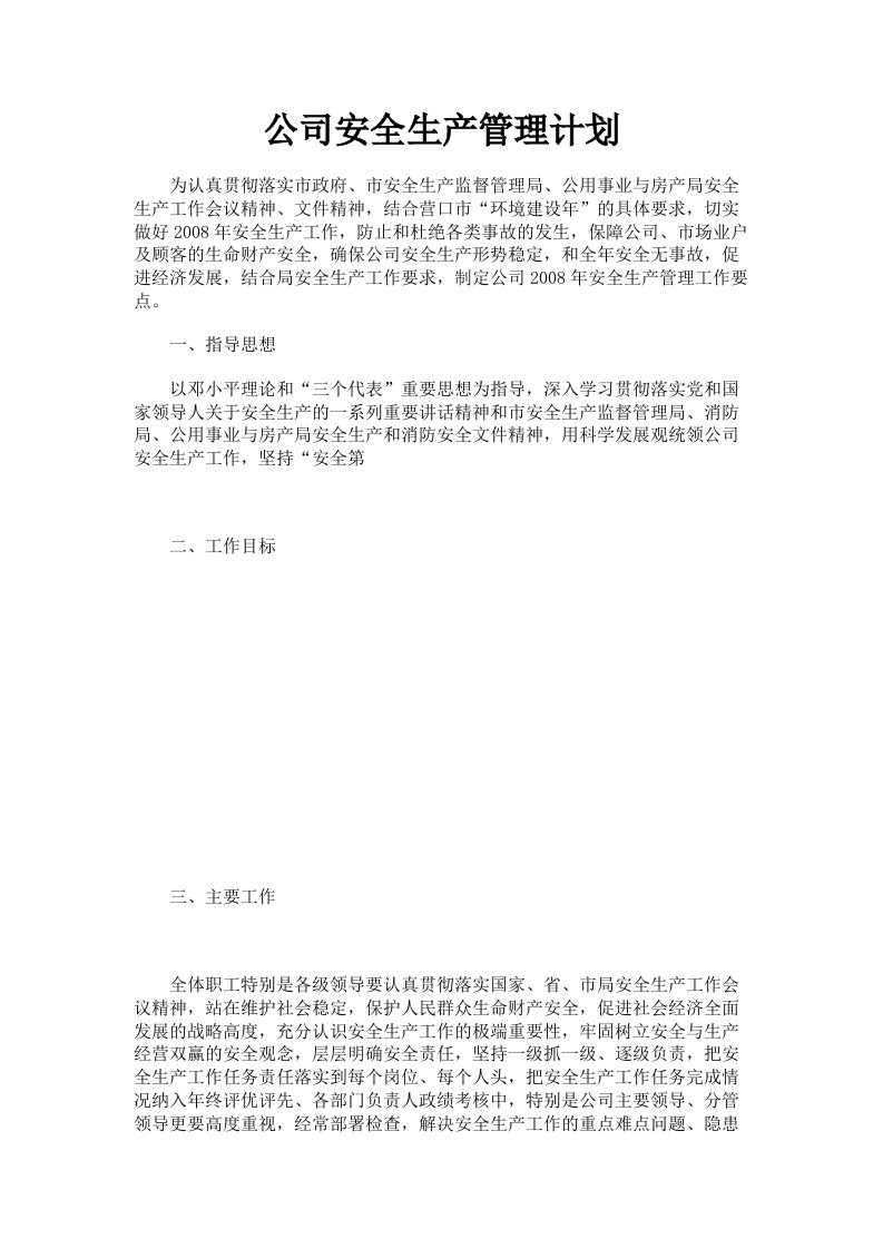 公司安全生产管理计划