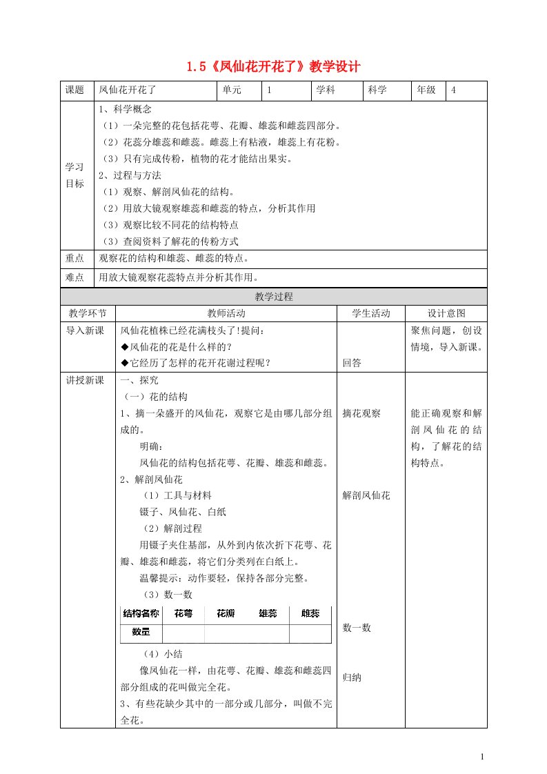 2023四年级科学下册植物的生长变化1.5凤仙花开花了教学设计教科版