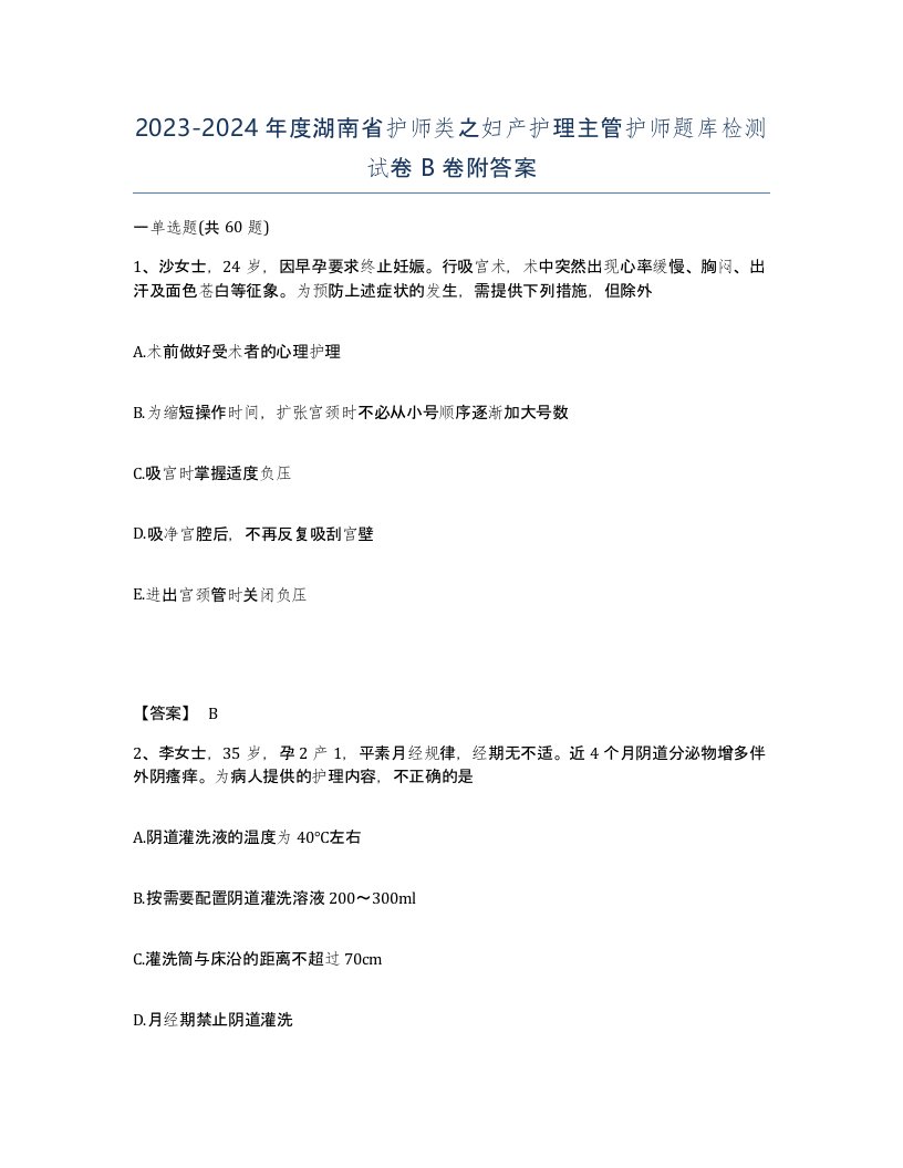 2023-2024年度湖南省护师类之妇产护理主管护师题库检测试卷B卷附答案