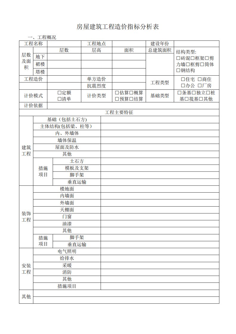 工程造价指标分析表