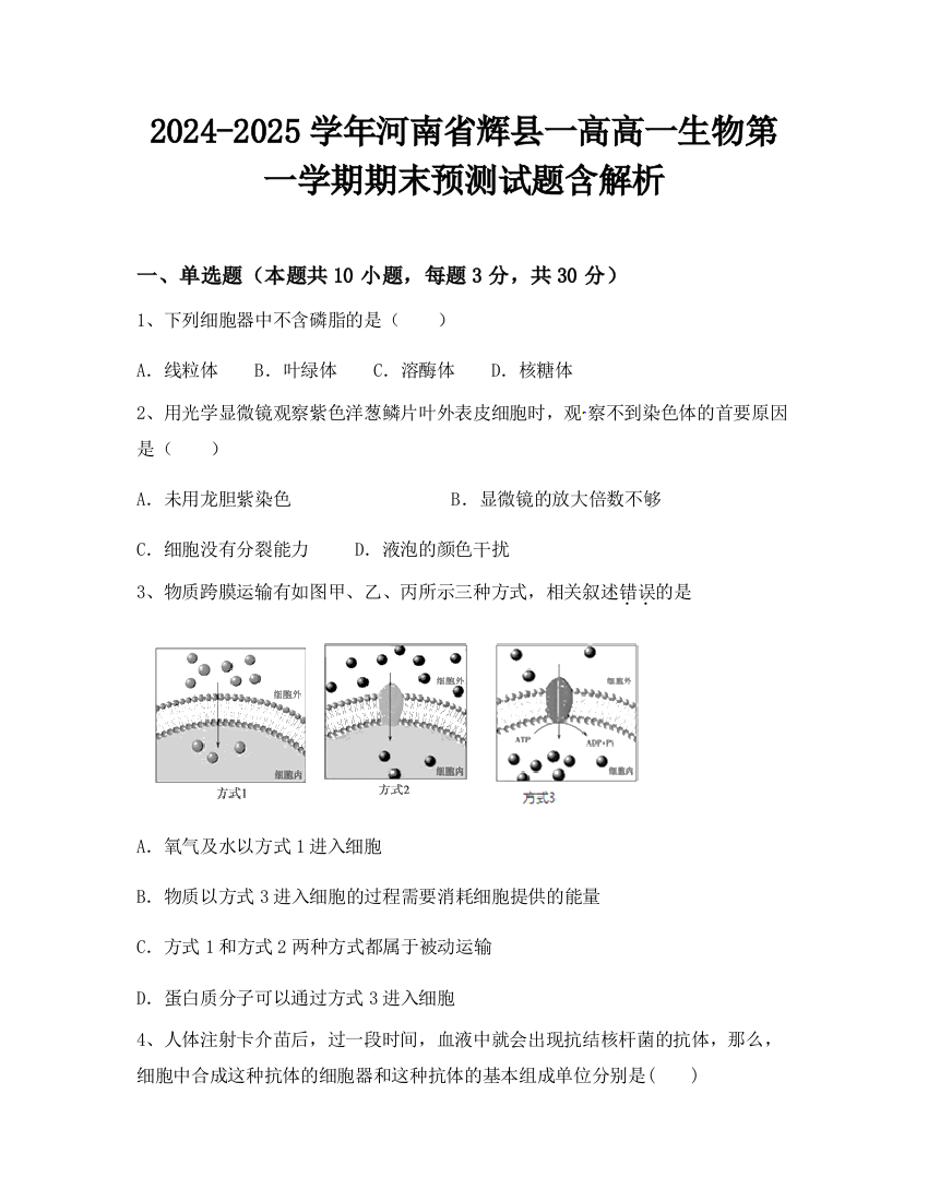 2024-2025学年河南省辉县一高高一生物第一学期期末预测试题含解析