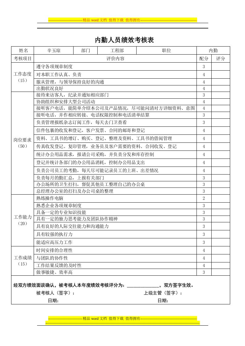 内勤人员绩效考核表模板.