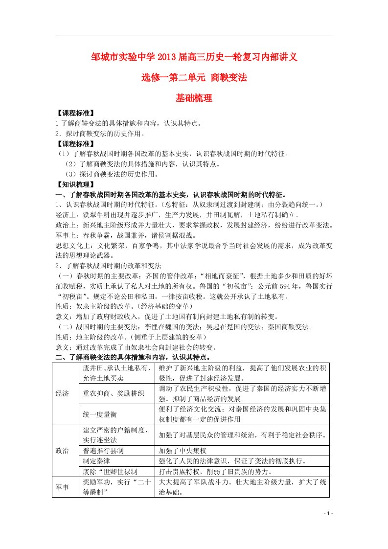 山东省邹城市实验中学届高三历史一轮复习内部讲义商鞅变法