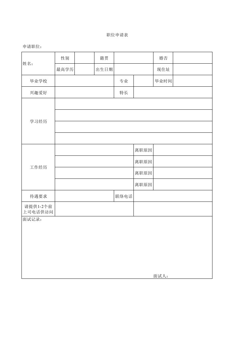 面试职位申请表模板