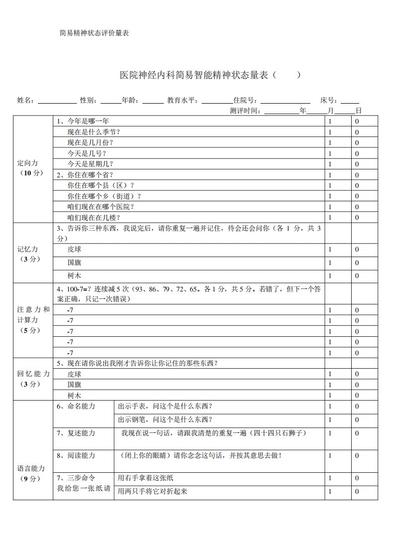 简易精神状态评价量表