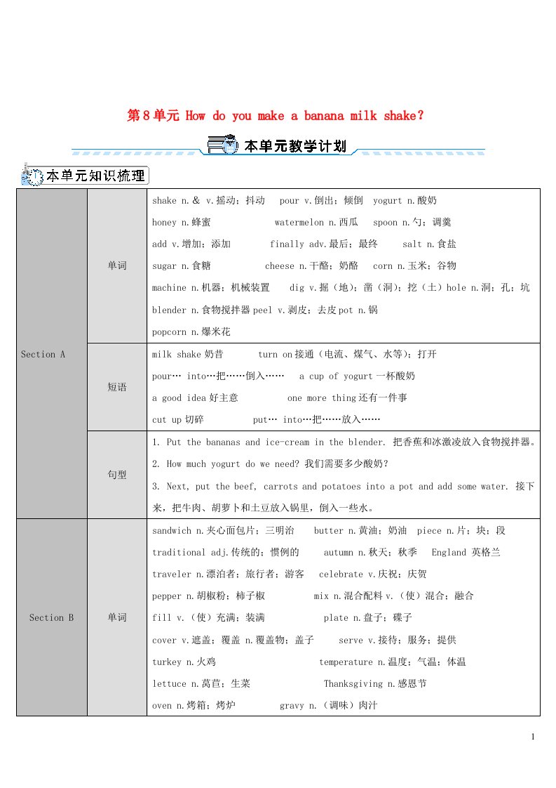 2023八年级英语上册Unit8HowdoyoumakeabananamilkshakeSectionA第1课时导学案新版人教新目标版