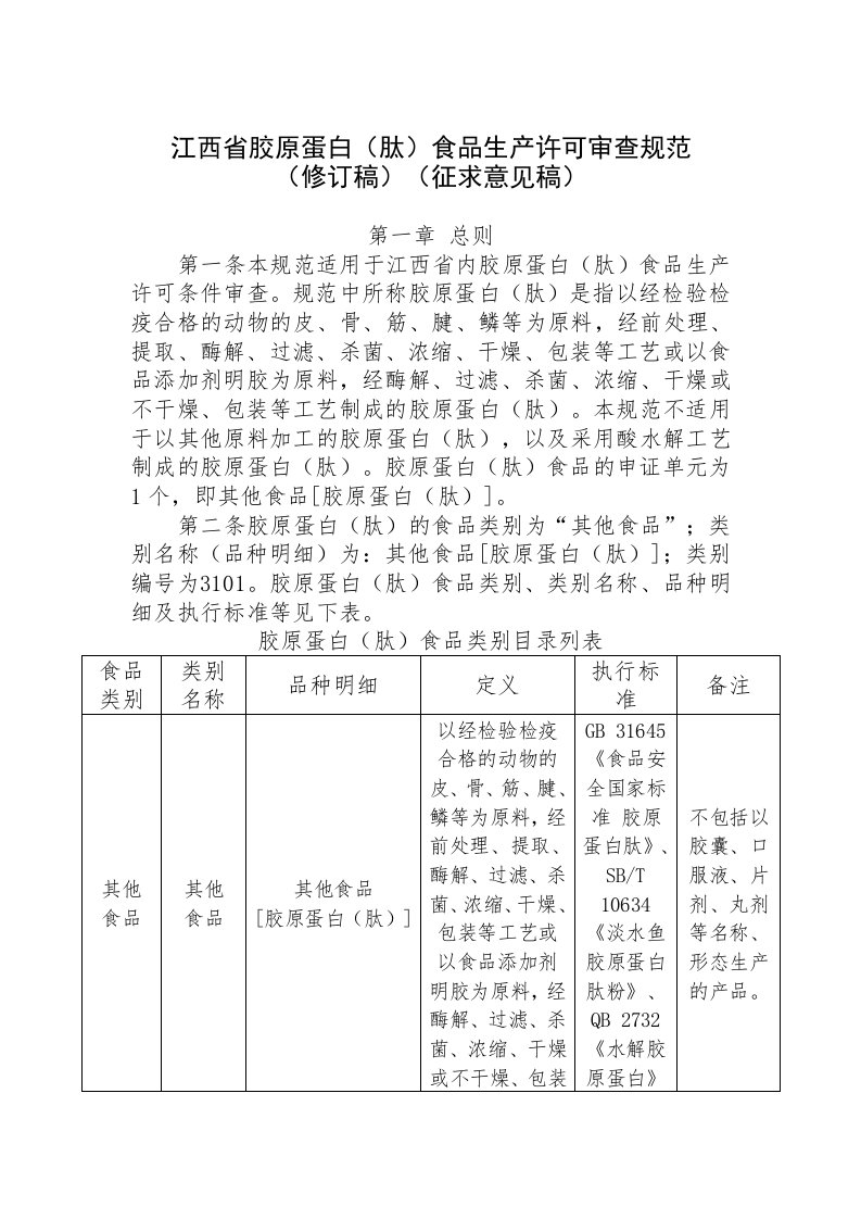 江西省胶原蛋白（肽）食品生产许可审查规范（2021修订版）