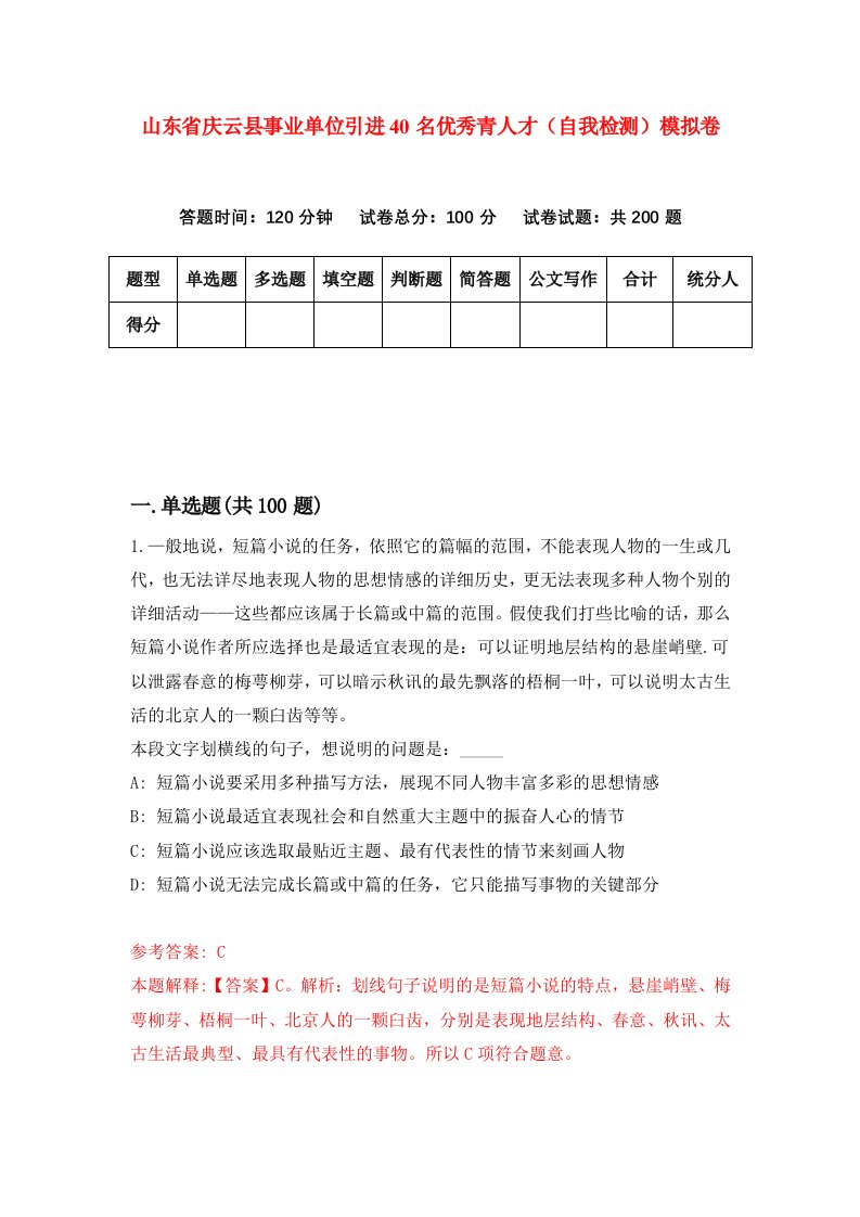 山东省庆云县事业单位引进40名优秀青人才自我检测模拟卷1