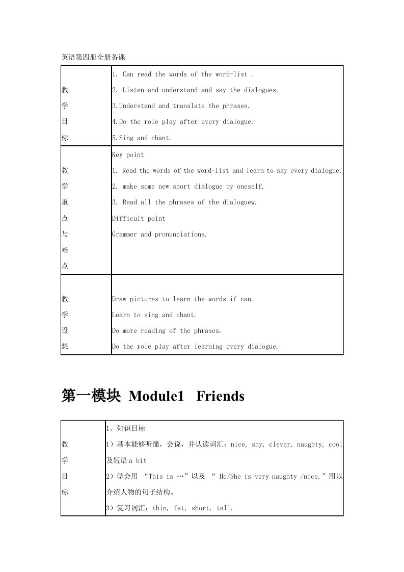 外研版英语三年级起点四年级下册全册教案(全英文表格式)