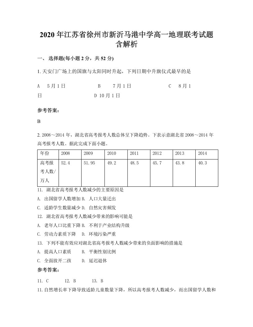 2020年江苏省徐州市新沂马港中学高一地理联考试题含解析