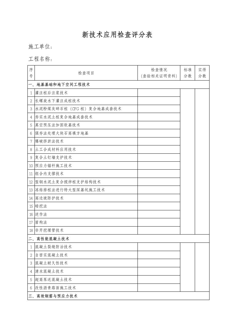 优质工程新技术应用检查评分表